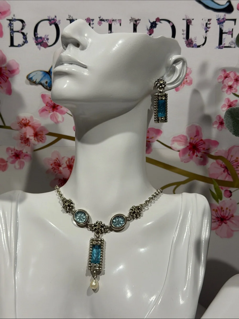 🆕🦋 RARE SET Brighton RETIRED VTG SLVR Crystal Necklace & Earrings Set